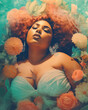 © TRINETTE + CHRIS - Portrait of curvy Black woman surrounded by graphic flowers. Generative AI.