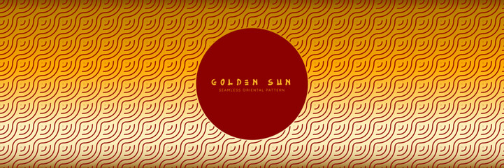 Wall Mural - Classic Golden Eastern Seamless Texture Featuring Abstract Arabic Geometric Lines in Festive Colors. Summer Repeat Background with golden waves and red color. 