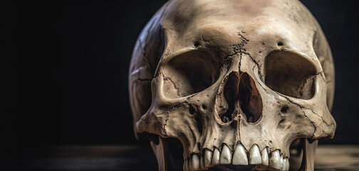 a spine-chilling still life portrays a human skull ominously positioned on a wooden plank. the drama