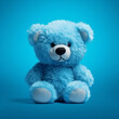 Cute blue teddy bear toy on blue background with space for your text. Blue plush toy on blue background, 3d render. Children's toys concept.  Children's cute blue toy , 3d illustration. AI generated