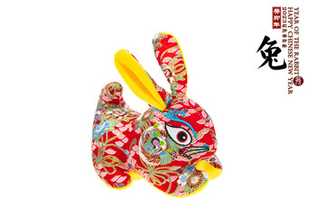 Sticker - Tradition Chinese cloth doll rabbit,2023 is year of the rabbit,Chinese golden characters Translation:good bless for year of the rabbit,rightside word and seal mean:Chinese calendar for the year