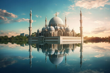 Beautiful Floating Mosque in Water Pool Lake with Nature View Background on a Bright Day