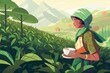  Generative AI. Tea Picker Woman, Tea Plantation Worker Indian or Sri Lanka or vietnam . collects tea leaves in a basket on a plantation