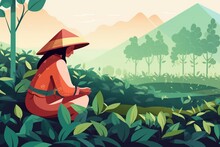  Generative AI. Tea Pickers. Girl In Vietnamese Hats On Green Plantation Collect Leaves In Large Baskets, Hot Drink Raw Materials. Green Horizontal Landscape, Cartoon Flat Illustration.