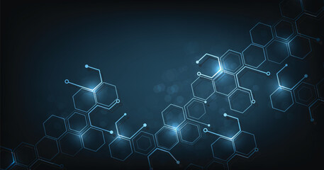Aufkleber - Background of hexagon geometric dark blue pattern bright. healthcare medical and technology background.Graphic digital science concept design.
