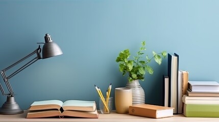 Image of Creative Workspace Desk with office accessories, blank photo frame or poster, book, plant on blue background. Mockup Space, Home Office Desktop Workspace. telephoto lens studio lighting
