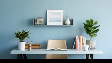 Image of Creative Workspace Desk with office accessories, blank photo frame or poster, book, plant on blue background. Mockup Space, Home Office Desktop Workspace. telephoto lens studio lighting