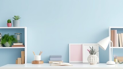 Image of Creative Workspace Desk with office accessories, blank photo frame or poster, book, plant on blue background. Mockup Space, Home Office Desktop Workspace. telephoto lens studio lighting