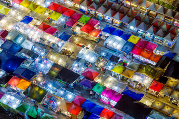 Wall Mural - Night market with colorful tent, View from above of a night market in Bangkok.