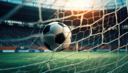 soccer ball kicked into the goal net on the football field background. sport and leisure game tourna