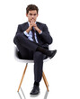 Business man, job thinking and sitting portrait isolated on a transparent, png background. Corporate, male professional and young worker with ideas and inspiration for success ready for work in suit