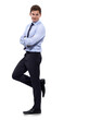 Business man, wall leaning and portrait isolated on transparent, png background. Corporate, male employee and smile with confidence feeling happy from professional success and work arms with crossed