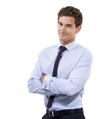 Wall Mural - Business man, arms crossed and worker portrait with corporate confidence and success. Male employee, happy and professional isolated on a transparent, png background ready for working with job style