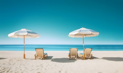  Summer Chairs and umbrellas on tropical sea and beach with blue sky background. Generative AI