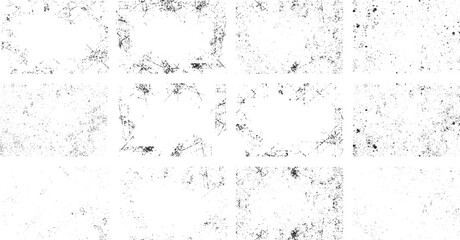 Overlay textures set stamp with grunge effect. Old damage Dirty grainy and scratches. Set of different distressed black grain texture. Distress overlay vector textures.	