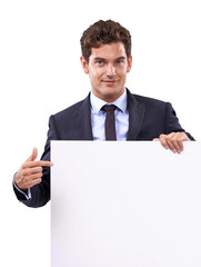 Wall Mural - Business man, poster pointing and portrait of worker with mockup space for deal and advertisement. Promo, deal and announcement sign with a male executive isolated on a transparent, png background