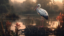 Generative AI Illustrazioni Of A Stork On The Edge Of A Lake Or Marsh