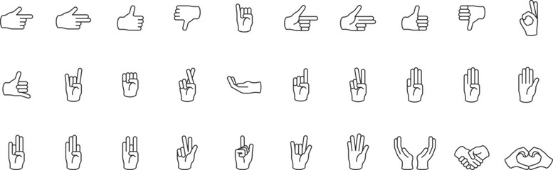 Hand gesture icon set of various shapesIncluded icons as fingers interaction, pinky swear, forefinger point, greeting, pinch, hand washing and more. Vector illustration