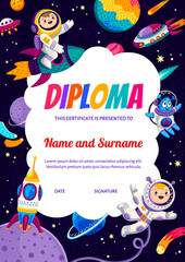 Wall Mural - Kids astronaut diploma, cartoon boys and alien characters in starry galaxy. Educational school certificate vector template. Children award frame, appreciation document, courses graduation or trophy