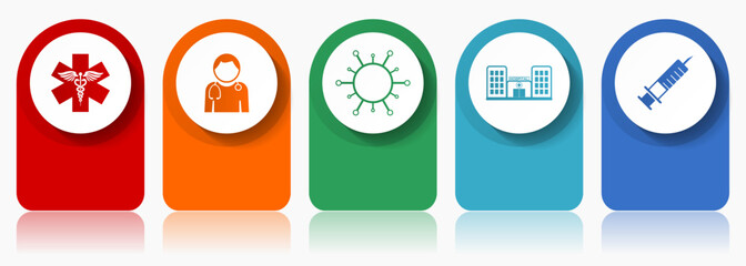 Aufkleber - Healthcare icon set, flat design miscellaneous colorful icons such as emergency, doctor, virus, hospital and syringe for webdesign and mobile applications, infographic vector template in eps 10