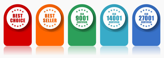 Aufkleber - Business icon set, flat design miscellaneous colorful icons such as best choice, best seller, iso 9001, iso 14001 and iso 27001 for webde vaccine, people and emergency phone for webdesign