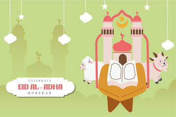 Wall Mural - Holy Eid Al Adha Mubarak Cute Banner Cartoon doodle. Islamic and Arabic Greeting flyer for Muslim Community Festival graphic print Vector 7