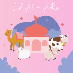 Wall Mural - Holy Eid Al Adha Mubarak Cute Banner Cartoon doodle. Islamic and Arabic Greeting flyer for Muslim Community Festival graphic print Vector