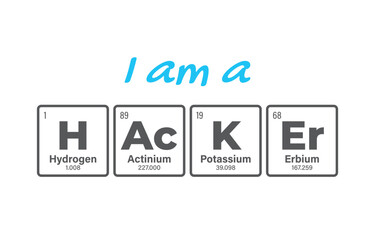 Vector inscription HACKER composed of individual elements of the periodic table. Text: I am a Hacker. Isolated on white background
