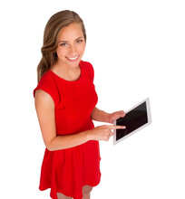 Fashion Portrait, Tablet And Woman On Screen Marketing, E Commerce And Presentation, Website Or News. Happy Person With Red Dress Or Clothes And Digital Mockup Isolated On Transparent, Png Background