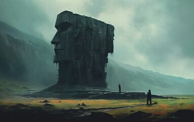 Wall Mural - the moai face stone at the island with the foggy weather. generative ai.