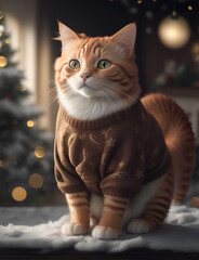 Wall Mural - Ginger cat in Christmas pullover. Generative AI