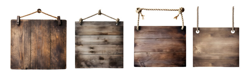 Wall Mural - Blank empty wooden rustic board wood on hanging rope on transparent background cutout, PNG file. Many assorted different Mockup template for artwork design..