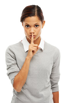 secret, privacy and confidential, woman with finger on lips in portrait and silence emoji isolated o