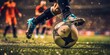 © CYBERUSS - Close Up Football or Soccer Player Foot Playing With the Ball in Stadium. Generative AI