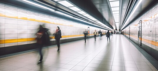 Modern train station and people on rush motion blur effect background. Generative AI technology.