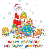 Fototapeta Dinusie - Happy New Year and merry Christmas card with funny Santa Claus and his magic bag of holiday gifts and sweets for little kids, vector cartoon illustration on a white background