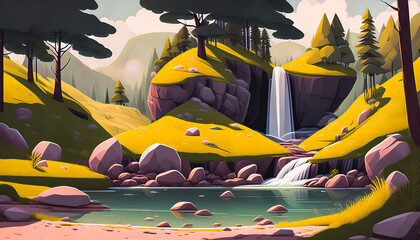 Poster - Cascade Oasis, Summer Forest Landscape with a Serene Waterfall., Generative AI