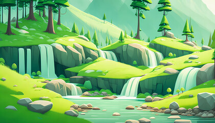 Poster - Cascade Oasis, Summer Forest Landscape with a Serene Waterfall., Generative AI