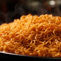 instant noodles on a black plate, close-up, horizontal