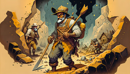 Desperate Struggle: Weary Dutchman Miner's Fight for Survival in an Old Wild West Gold Mine.