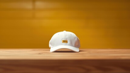 Poster - Blank White Cap / hat on Wooden table