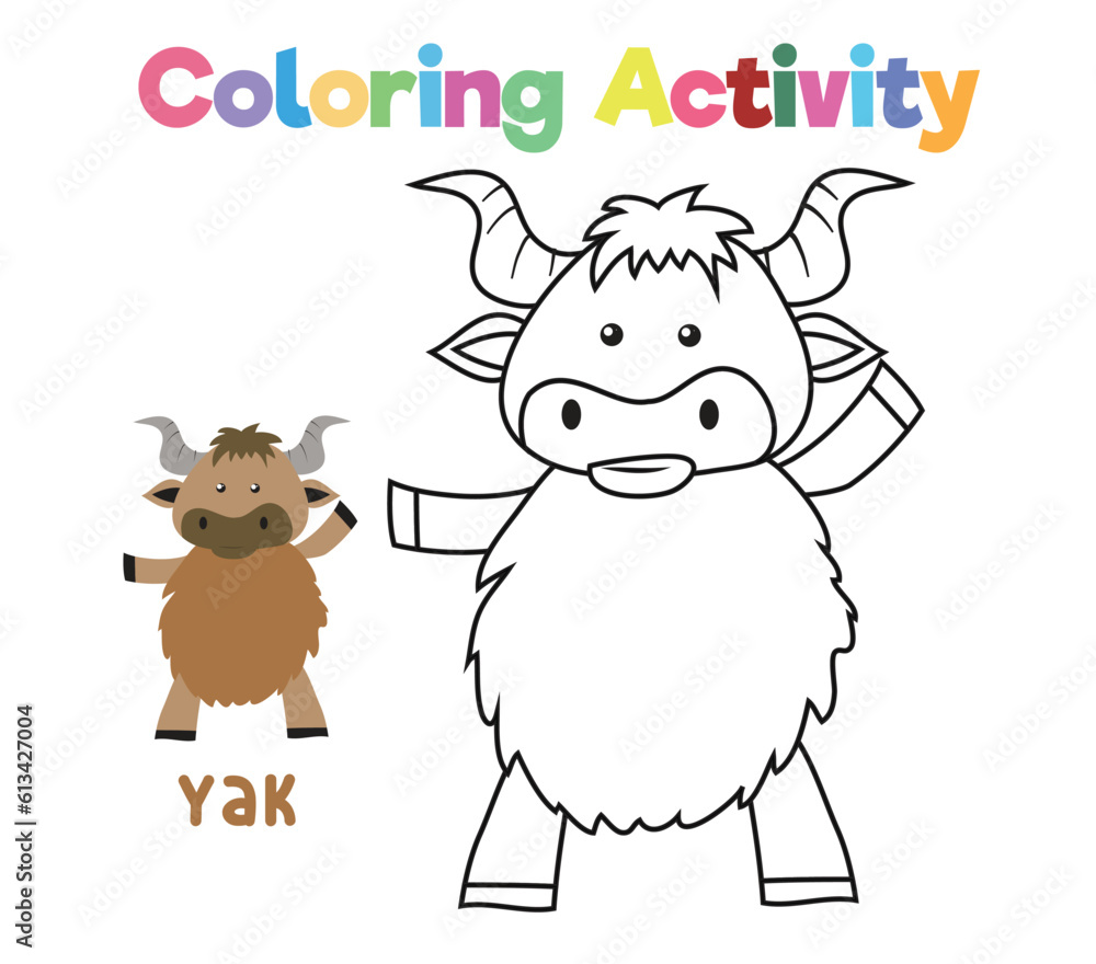 Colouring the cartoon character a yak. Coloring activity for preschool ...