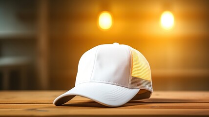 Poster - Blank White Cap / hat on Wooden table