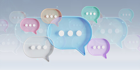 Wall Mural - Minimalist blue red orange green purple speech bubbles talk icons floating over grey background. Modern conversation or social media messages with shadow. 3D rendering