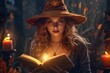 Halloween witch girl with magic book. Created with generative AI technology.