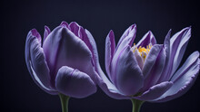 Purple Tulips On A Dark Background Close-up Macro Photography.