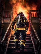 A Fireman Enters A Burning Old Home. A Brave Firefighter Climbs A Ladder In A Smoke-filled House Or Dwelling To The Rescue Of Survivors. Generative Ai