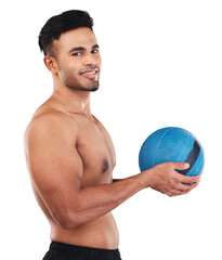 Sticker - Man with smile, fitness and medicine ball for workout, health and muscle training isolated on transparent png background. Exercise equipment, wellness and male athlete in portrait, biceps and sports