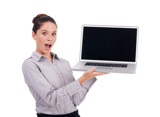 Laptop mockup, portrait and woman wow for screen presentation, advertising or business news or sale. Surprise, website launch and happy person on computer space isolated on transparent png background