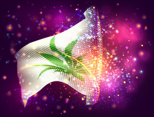 Wall Mural - Сannabis, on vector 3d flag on pink purple background with lighting and flares